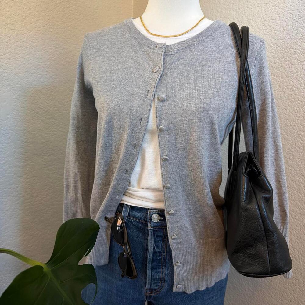 Gray Button Front Cardigan Minimalist Soft Knit Classic Layer